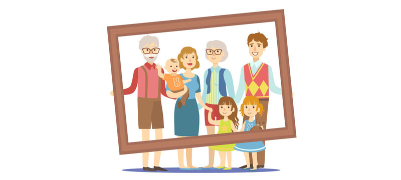 grandparents parents and children together in family happy family in photo frame isolated white background vector illustration 