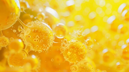Gold collagen background, peptide molecule background. Yellow liquid bubble. Gold collagen beauty chemistry backdrop.