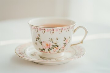 A delicate porcelain teacup adorned with a dainty rose design, rests serenely on a matching saucer against a soft white background