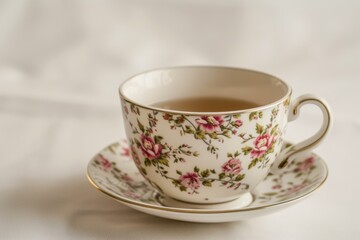 A vintage-style floral teacup filled with tea solidly placed on a saucer showcasing elegant rose flower patterns on a clean white background