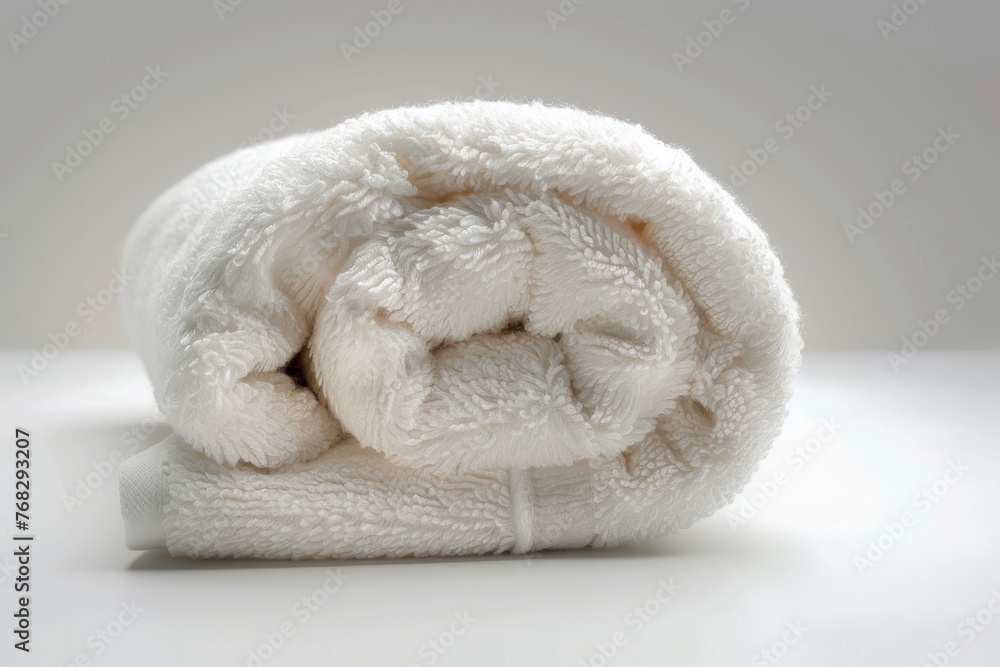 Poster close-up view presenting the soft and luxurious texture of a plush white towel, representing comfort