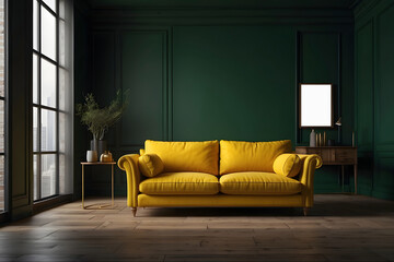 Rendering of a yellow sofa placed in an empty living room with a dark green wall background design. - obrazy, fototapety, plakaty