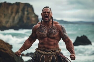 A muscular Maori warrior performs a traditional haka with intense expression on a rugged New Zealand coastline - obrazy, fototapety, plakaty