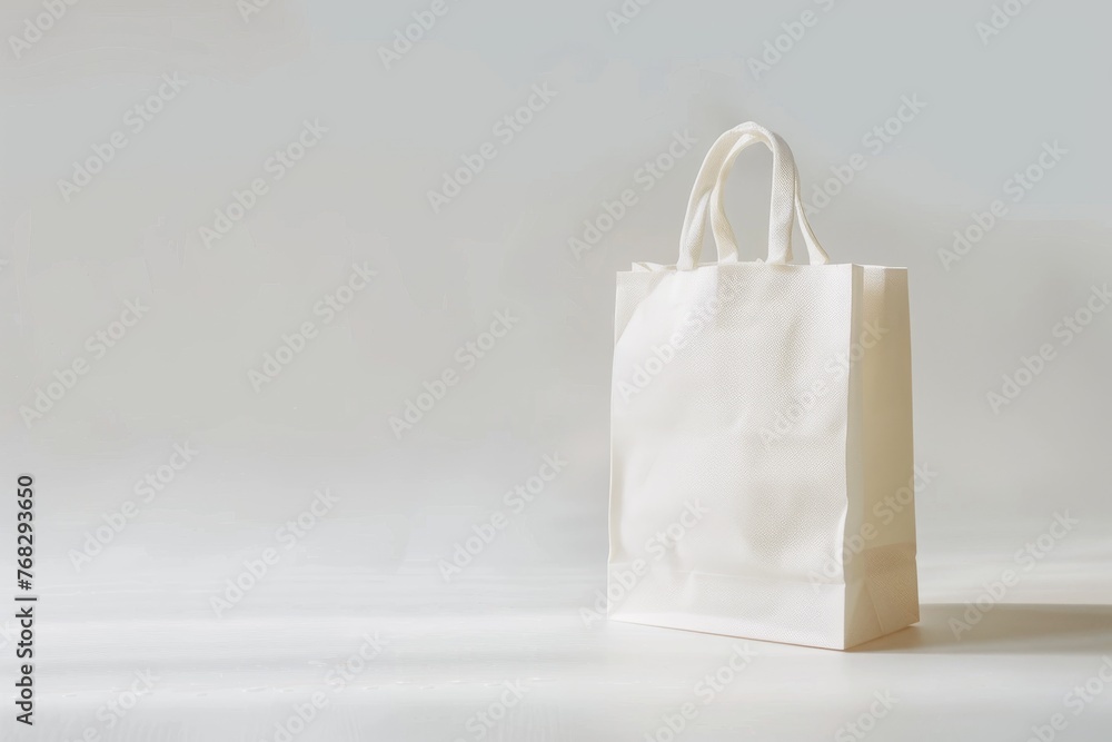 Poster An image portraying a white paper bag with a minimalist and clean aesthetic, casting gentle shadows on a plain backdrop