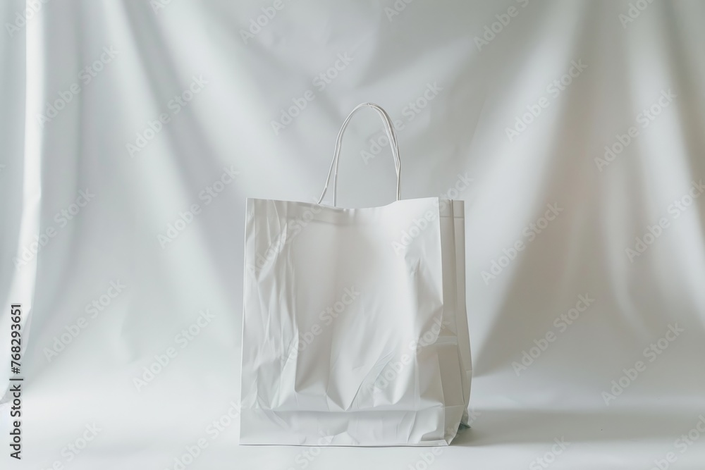 Poster the photo features a single white paper shopping bag staged with a softly draped fabric background, 