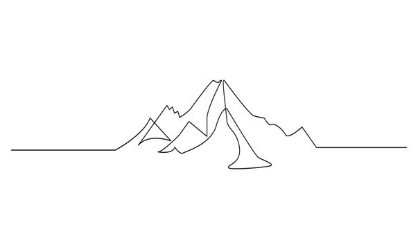 Vector one continuous line drawing of mountain range landscape minimalist isolated on white background