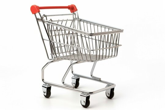 A classic shopping cart with a red handle against a white background, creating an iconic image of consumer culture