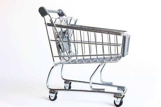 A clean and simple image of an empty metal shopping cart isolated on a white studio background