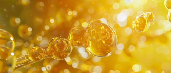 Liquid yellow molecules, Golden molecules swirl, epitomizing the dynamic beauty and energy of chemical interactions. - obrazy, fototapety, plakaty