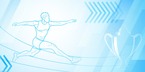 Long jumper themed background in blue tones with abstract lines and dots, with sport symbols such as a male athlete and a cup