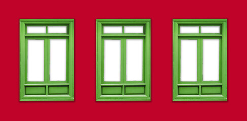 Row of windows. Spanish architecture background. Three windows frame isolated red facade. Retro...