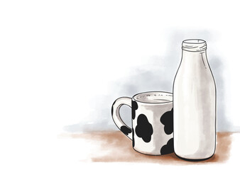 Hand drawn watercolor illustration of a cow-patterned milk jug and a glass bottle