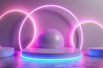 a pink and blue abstract composition with a neon light in the background