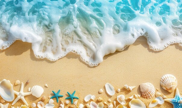 Paradise island. Sea coast with white sand, shells and starfish