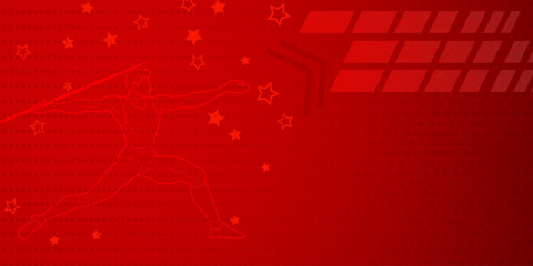 Javelin thrower themed background in red tones with abstract lines and dots, with sport symbols such as a male athlete