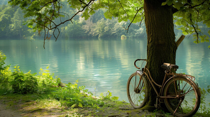 A vintage bicycle leaning against a tree near the tranquil waters of a shimmering lake, surrounded by lush greenery - Powered by Adobe
