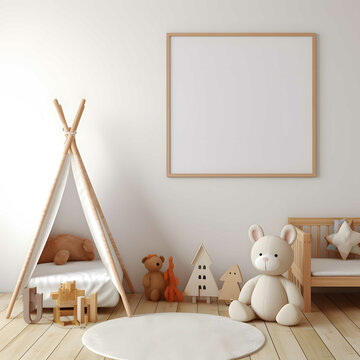 Cozy Nursery Room with Photorealistic Mockup of White Picture Frames and Pastel-Colored Baby Toys