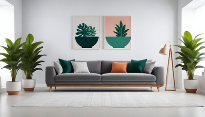 A gray modern armchair with wooden legs next to a large green potted plant with broad leaves against a white background. Black vintage armchair with metal legs next to a small red potted plant with th