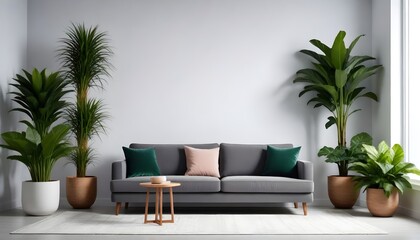 Fototapeta na wymiar A gray modern armchair with wooden legs next to a large green potted plant with broad leaves against a white background. Black vintage armchair with metal legs next to a small red potted plant with th