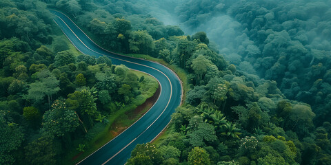 Aerial Curved Road through Forest 