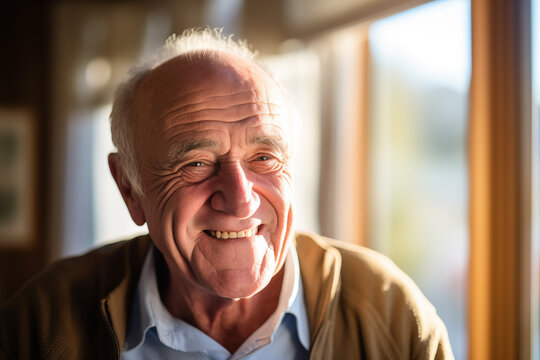 Close-up of a cheerful elderly man with a warm smile, sunlit face, expressing joy and life satisfaction.