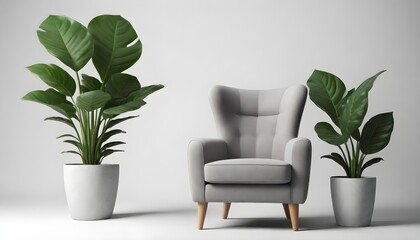 A gray modern armchair with wooden legs next to a large green potted plant with broad leaves against a white background. Black vintage armchair with metal legs next to a small red potted plant with th