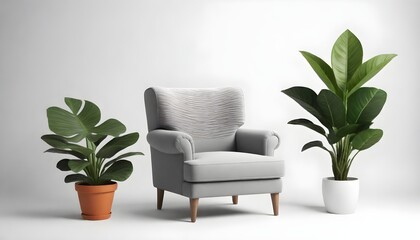 A gray modern armchair with wooden legs next to a large green potted plant with broad leaves against a white background. Black vintage armchair with metal legs next to a small red potted plant with th - obrazy, fototapety, plakaty
