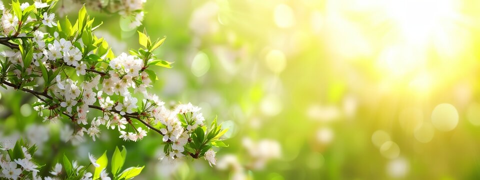a branch of a tree with white flowers in the sunlight with a blurry background