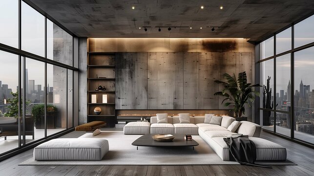 Modern Living Room Interior with City View