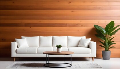 white sofa with cushions, modern living room with white gray sofas wooden coffee table with books and a plant, and a textured wooden wall in a bright living room, interior, room, sofa, furniture