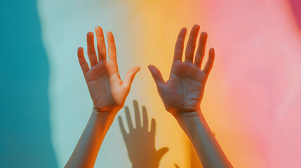 Multi ethnic, multi racial group of hands raised up. Diversity concept. - obrazy, fototapety, plakaty