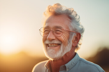 Elderly man smiling at sunset, serene golden hour, joyful senior lifestyle, and contentment theme.