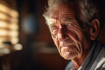 Pensive senior man in natural light, close-up on wisdom and life experience, emotive elder portrait.