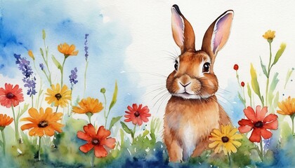 Cute cartoon rabbit on a field with flowers. Watercolor style drawing, design concept for print, greeting cards, covers, happy easter