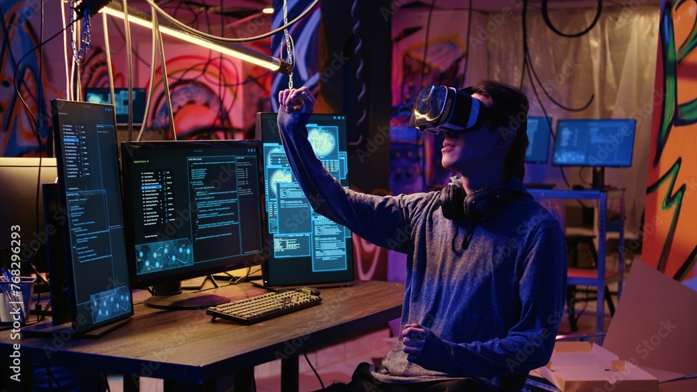 Poster hacker using virtual reality goggles technology to steal sensitive data by taking advantage of secur