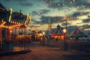 photography of a nostalgic seaside boardwalk at sunset, with old-fashioned amusement rides and games, capturing the joy and simplicity of summer days gone by
