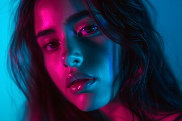 photography of a portrait session illuminated by blue and pink gels, creating a surreal atmosphere while natural light softly fills the background
