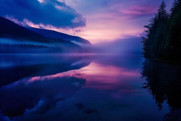 photography of a peaceful lake at dawn, with strategic gel lighting along the shore creating reflections in the water that mimic the colors of the sky as it brightens
 - obrazy, fototapety, plakaty