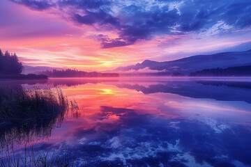 photography of a peaceful lake at dawn, with strategic gel lighting along the shore creating reflections in the water that mimic the colors of the sky as it brightens
 - obrazy, fototapety, plakaty