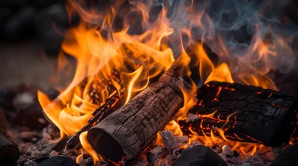 Rolgordijnen Burning firewood in a campfire, close-up. © Voilla
