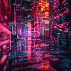 Futuristic Cyber Cityscape with Neon Lights and Digital Structures