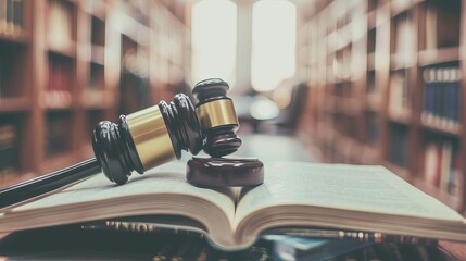 The concept of law, legal judgment, and the judicial system is illustrated through a judge's gavel resting on a law textbook in a lawyer's office - obrazy, fototapety, plakaty
