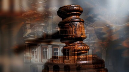 The concept of law protection is artistically represented through a double exposure of a wooden gavel and a court building - obrazy, fototapety, plakaty