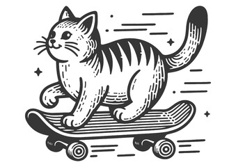 Cartoon cat riding skateboard sketch PNG illustration with transparent background