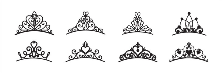 Set of different silhouettes of tiaras and crowns. Luxury prince and princess headdresses in doodle style. - obrazy, fototapety, plakaty