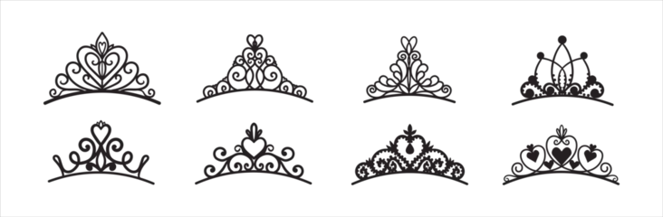 Poster Set of different silhouettes of tiaras and crowns. Luxury prince and princess headdresses in doodle style. © Kolerowa