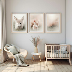 Mock up frame in children room with natural wooden furniture 3d rendering. generative ai.