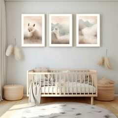 Contemporary nursery room interior with blank white frames ready for personalization, and plush sheep toy