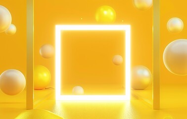 3D rendering of a yellow abstract background with a glowing white square frame and flying spheres. Minimal concept design bright colors and 2024 trend styles. Yellow abstract background with a glowing