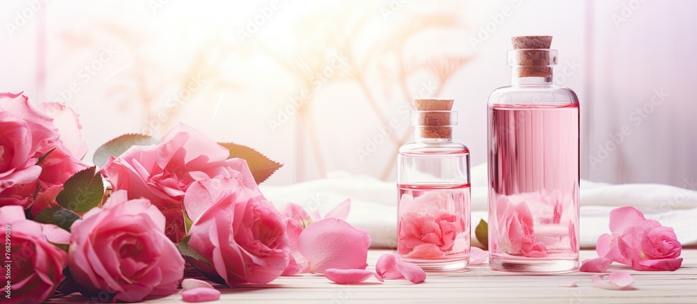 Poster a beautiful display of magenta roses and bottles of rose water arranged on a table at a special even